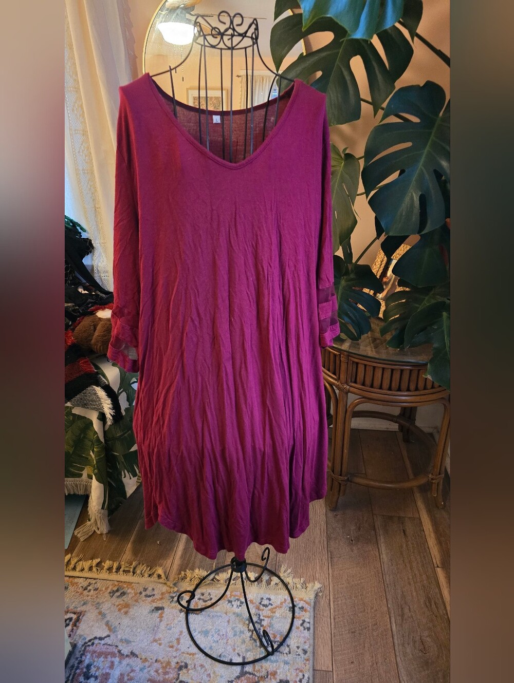 🐝🍯Burgundy Wine V-Neck Mesh Striped Bell Sleeve Nightgown Sleep Shirt L